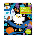 Halloween puzzle box with a white ghost owl, pumpkin, and birds on blue tree branches against a moonlit sky.