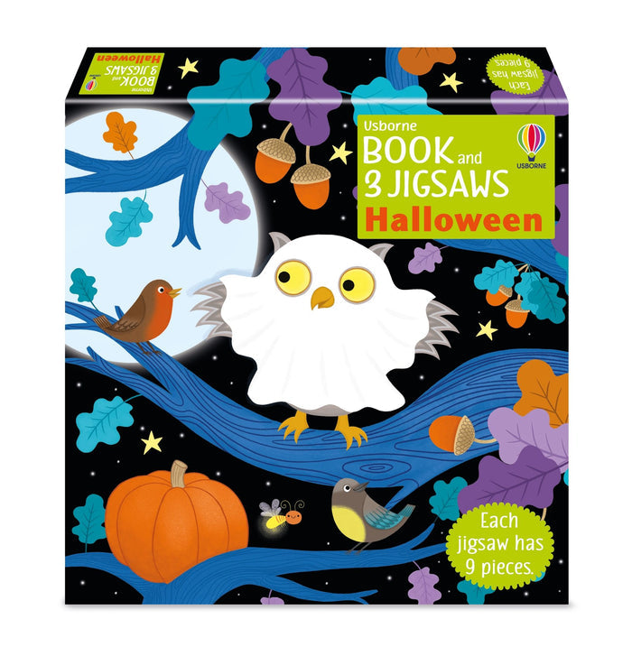 Halloween puzzle box with a white ghost owl, pumpkin, and birds on blue tree branches against a moonlit sky.