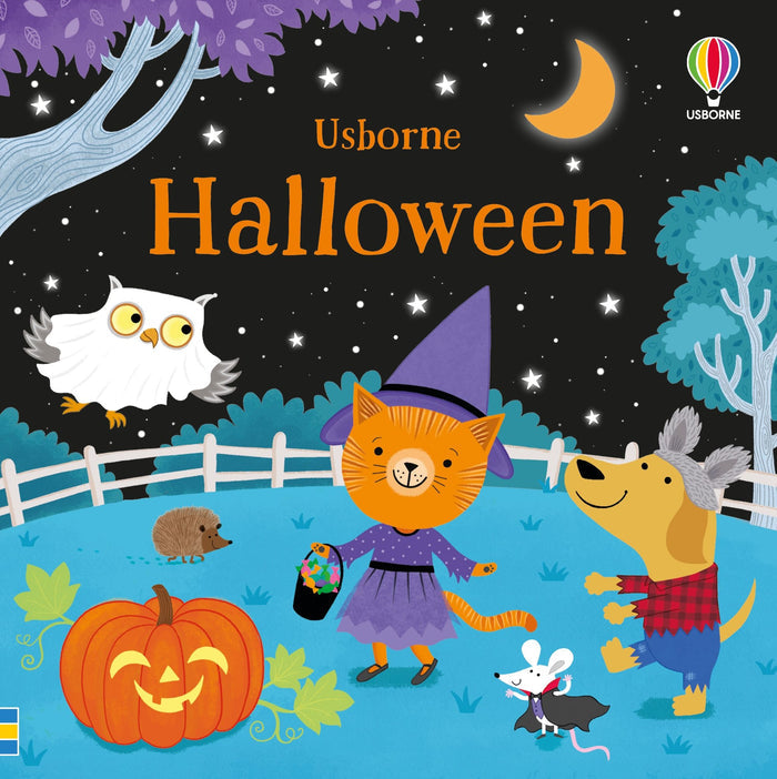 Colorful Halloween book cover with a cat witch, dog, vampire mouse, owl, and jack-o'-lantern in a night scene.