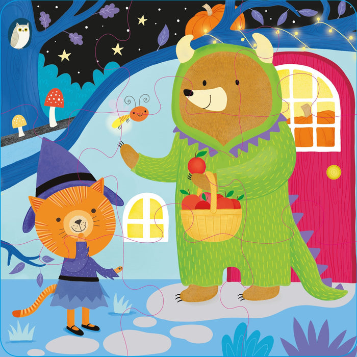 Whimsical puzzle art of a cat witch and bear in a green monster suit with apples in a colorful nighttime forest.