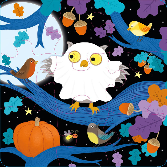 Illustration of a white owl in a ghost costume on a blue branch at night with birds, a pumpkin, and a full moon.