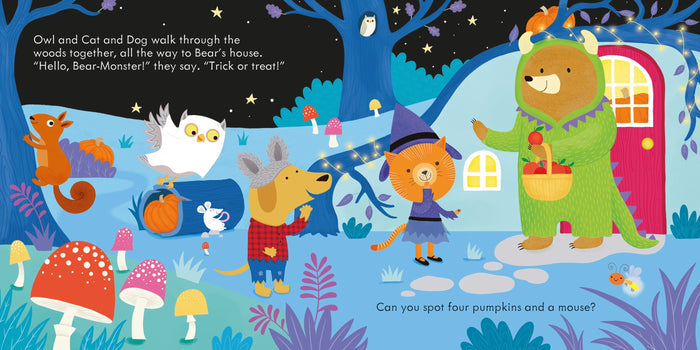 Vibrant Halloween book illustration of costumed animals trick-or-treating in a forest with mushrooms and pumpkins.