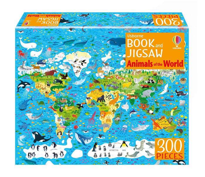 Vibrant 300-piece jigsaw box with a colorful world map illustration showing diverse animals in continents and oceans.