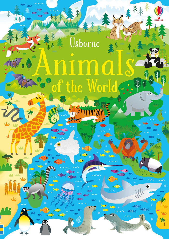 Colorful Usborne book cover with a giraffe, tiger, and shark illustrated on a vibrant green and blue world map.