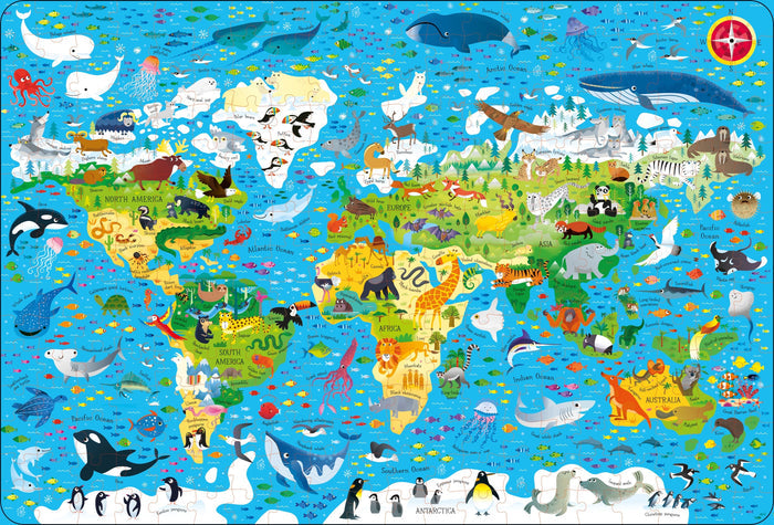 Colorful world map jigsaw puzzle featuring diverse animal illustrations across all seven continents and blue oceans.