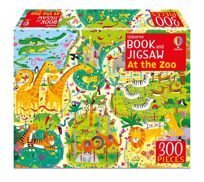 Vibrant box for a 300-piece jigsaw featuring a colorful cartoon zoo with lions, giraffes, zebras, and monkeys.