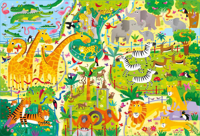 Colorful cartoon illustration of a busy zoo with giraffes, elephants, zebras, lions, and tigers in a vibrant landscape.