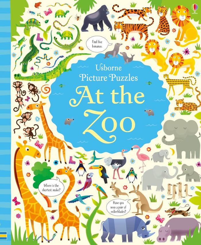 Brightly illustrated book cover with various zoo animals surrounding the title At the Zoo in a blue center circle.