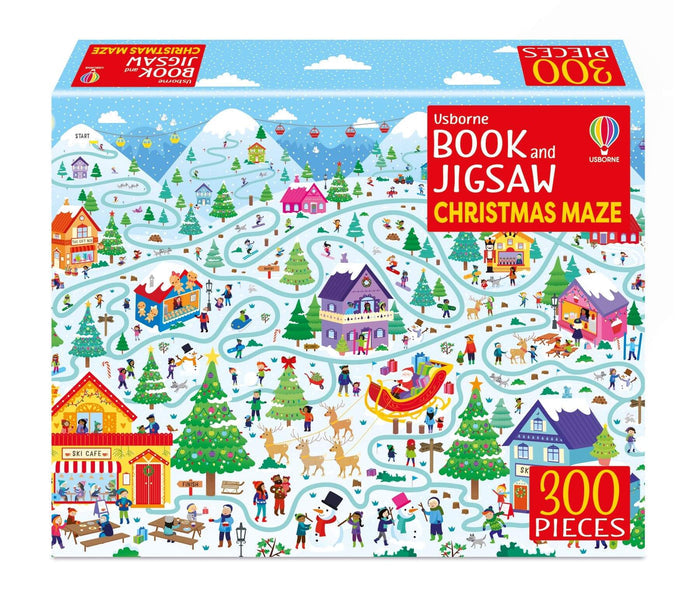 A square puzzle box featuring a colorful winter maze scene with Santa, reindeer, and skiers. 300 pieces.