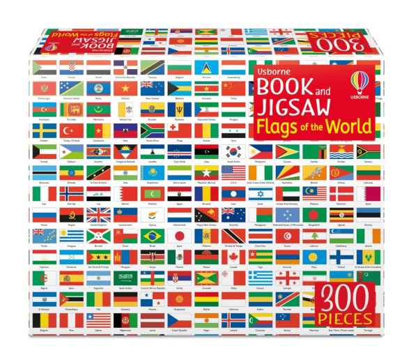 Rectangular white box featuring a grid of colorful world flags, a large red label, and a 300 pieces badge.