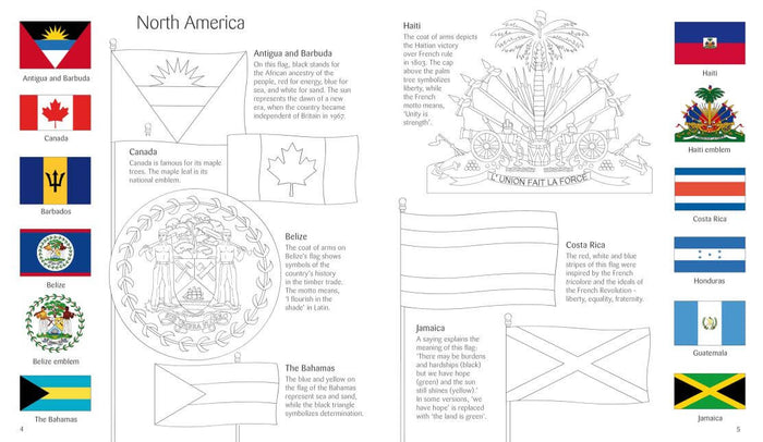 Double-page spread of a flag book with colored country flags, black-and-white line art, and informative text.