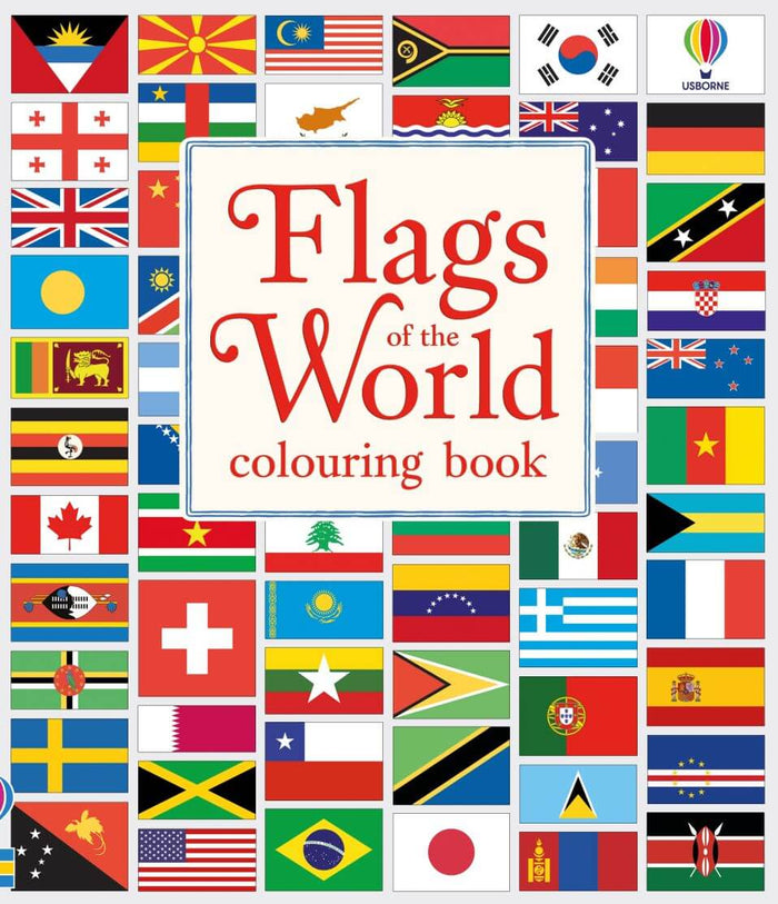 Cover of a Flags of the World coloring book with red title text and a border of many colorful national flags.