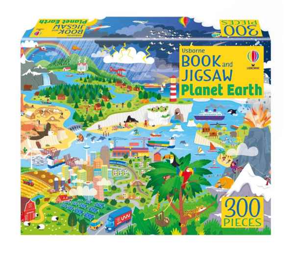 Vibrant 300-piece jigsaw box featuring a detailed cartoon illustration of earth's diverse biomes and cities.