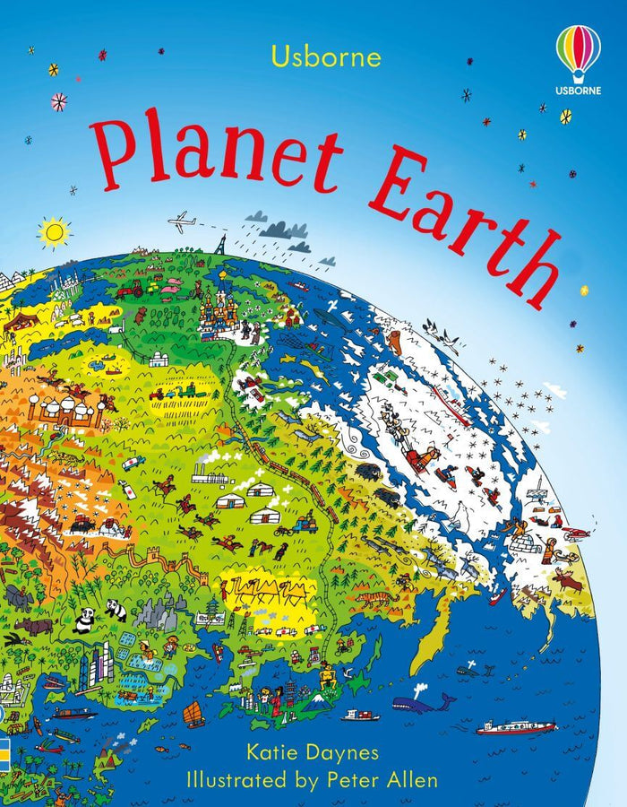 Colorful illustrated world map with global landmarks and animals on the Usborne Planet Earth book cover.