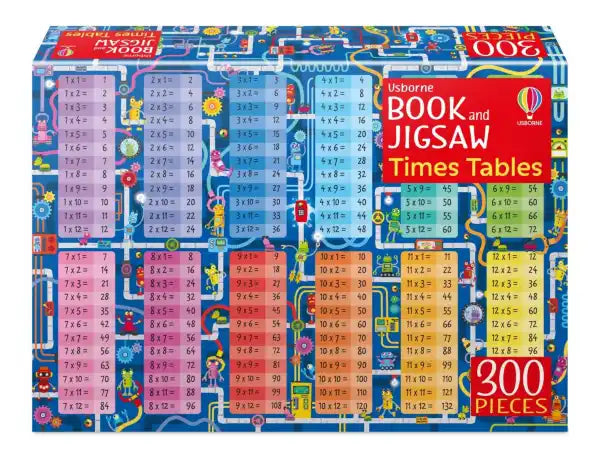 Blue Usborne puzzle box featuring colorful multiplication tables 1-12, small robots, and circuit-like patterns.