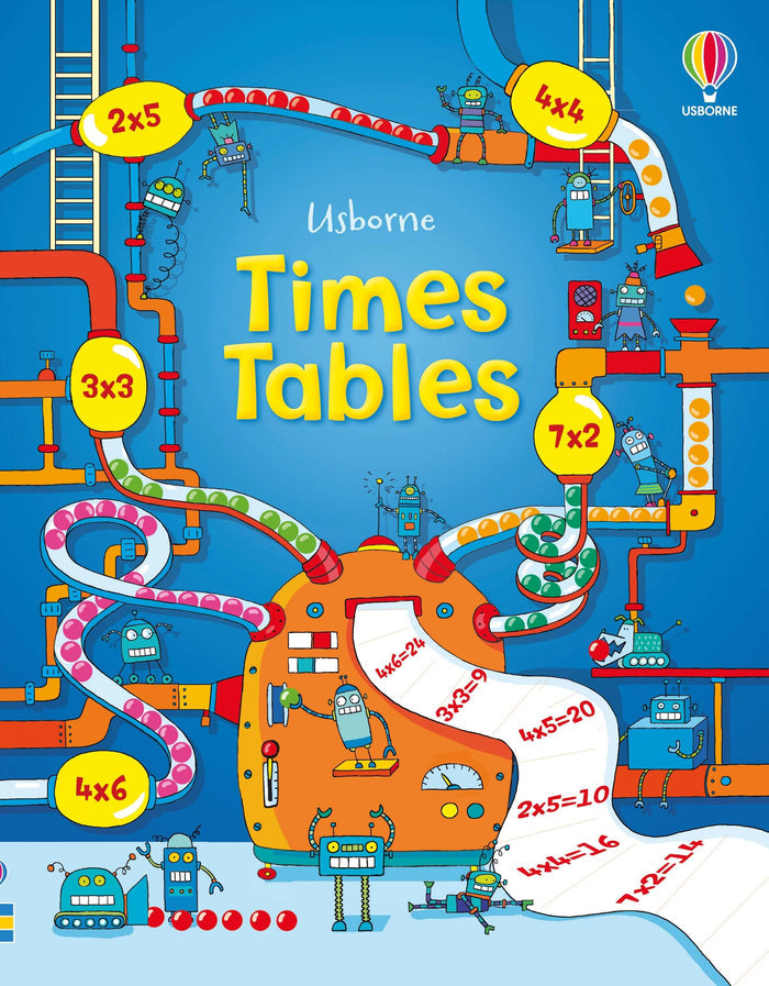 Colorful robot factory machine printing multiplication tables on a bright blue Usborne book cover.