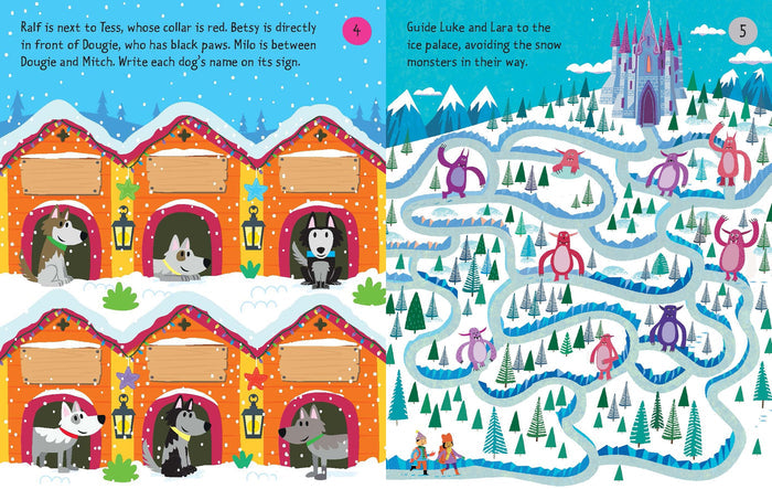 Two pages of a children's puzzle book with a dog logic game and a snowy mountain maze leading to an ice palace.