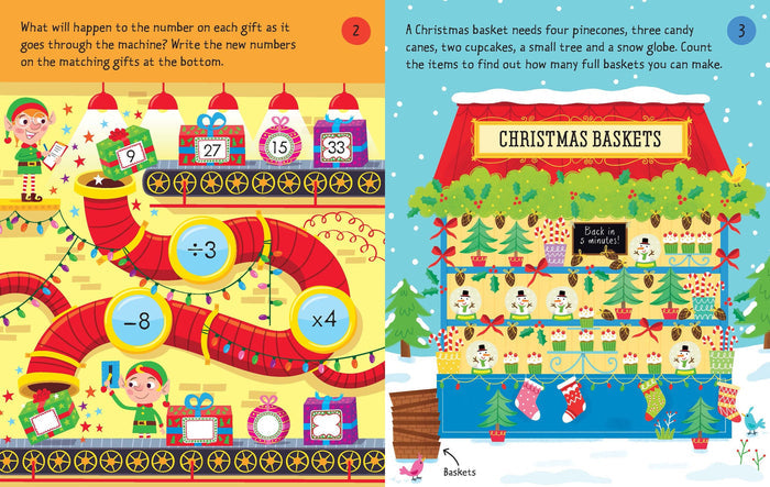 Colorful Christmas activity book pages showing a red pipe number machine puzzle and a festive stall counting game.