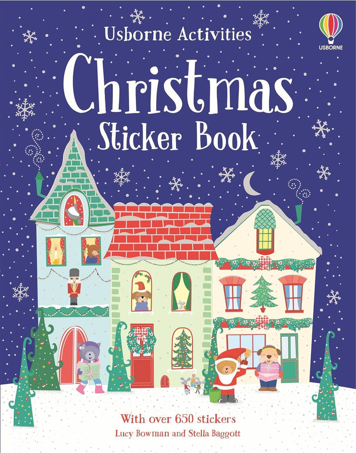 Book cover with three whimsical houses, festive animals, and snowflakes against a dark blue starry night sky.