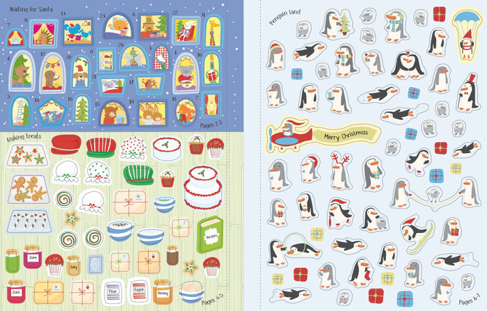 Sticker sheets featuring illustrated advent calendar windows, holiday cookies and cakes, and playful penguins in the snow.