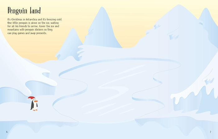 Illustrated Penguin land page with a penguin in a Santa hat on blue ice surrounded by snowy mountains and a yellow sky.