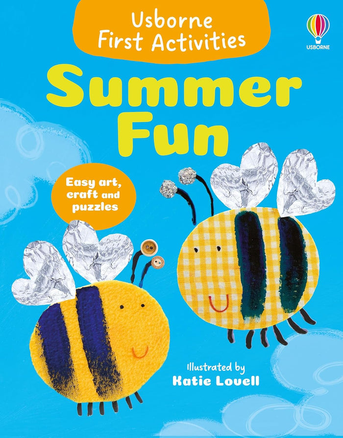 Blue book cover for Summer Fun featuring two yellow fabric bumblebees with silver foil wings and button antennae.