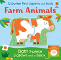 Blue square box showing a 2-piece cow jigsaw puzzle, green grass, and a mini book featuring a white sheep on the cover.