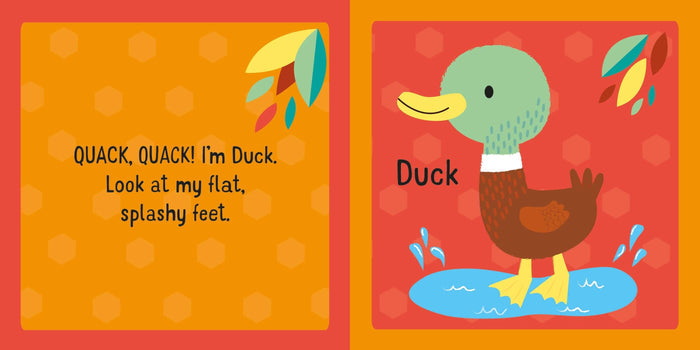 Illustrated book pages showing a green-headed duck in a blue puddle. Text reads "QUACK, QUACK! I'm Duck.