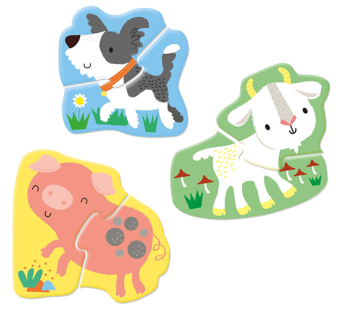 Three 2-piece jigsaw puzzles: a dog, goat, and spotted pig on colorful blue, green, and yellow backgrounds.