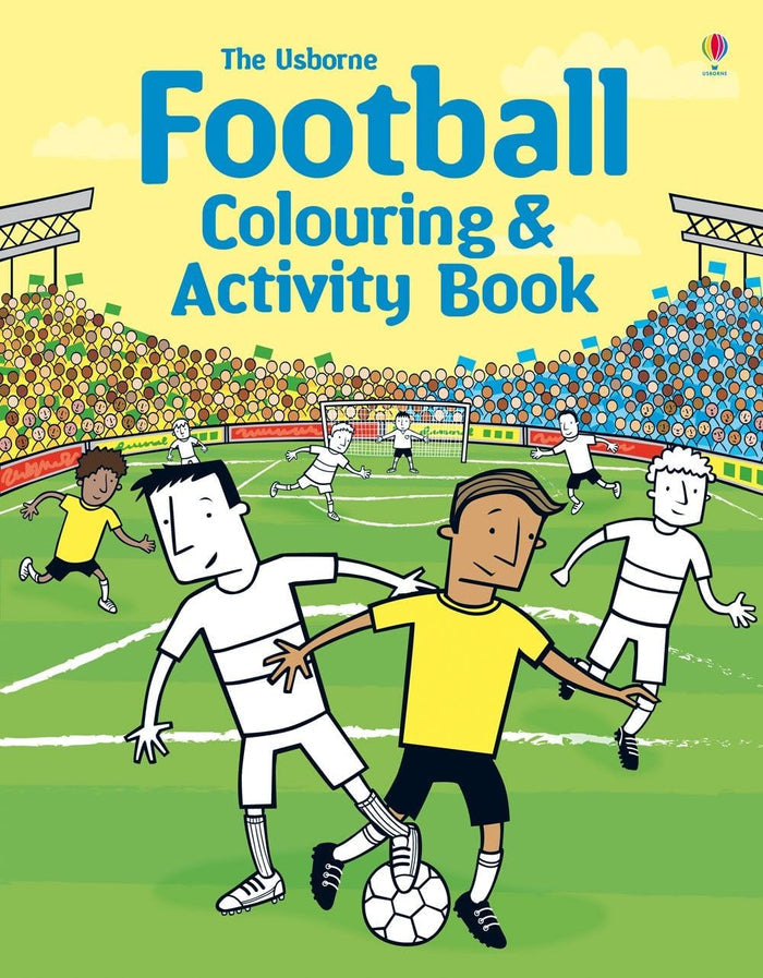 Football activity book cover featuring cartoon players in yellow shirts and white outlines on a green stadium pitch.