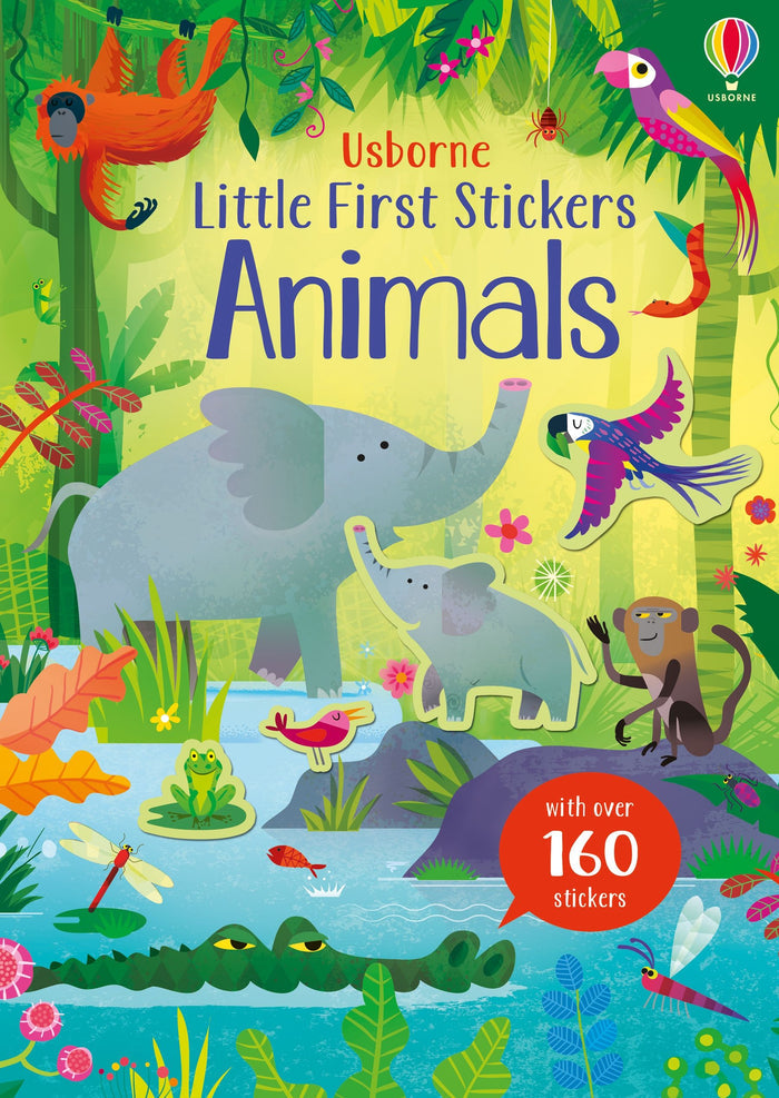 Colorful jungle-themed sticker book cover with elephants, monkeys, and tropical birds. Includes over 160 stickers.