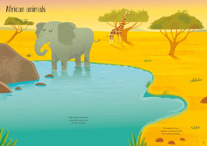 Vibrant illustration of an elephant and giraffe at a savanna watering hole with prompts for adding stickers.