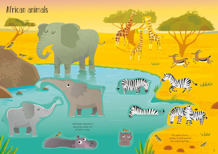 Colorful sticker book illustration of African savanna animals including elephants, zebras, and giraffes at a watering hole.