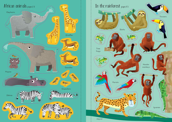 Two pages of colorful cartoon animal stickers featuring elephants, giraffes, and monkeys from a children's activity book.