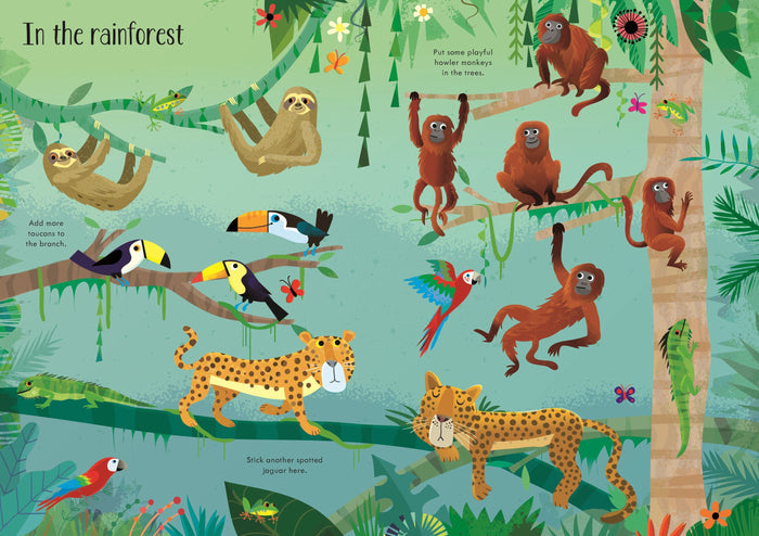 Vibrant green rainforest sticker page featuring cartoon sloths, monkeys, spotted jaguars, and colorful tropical birds.