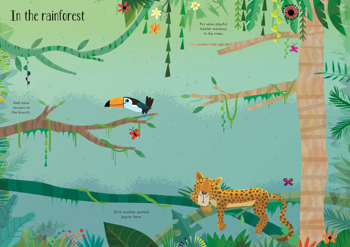An illustrated "In the rainforest" sticker book page featuring a toucan on a branch and a jaguar sleeping on a vine.
