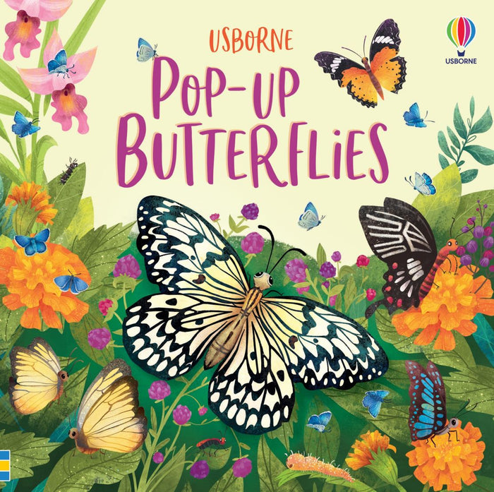 Vibrant book cover with illustrated butterflies, caterpillars, and flowers in a colorful garden setting.