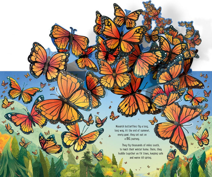 Pop-up book page with dozens of 3D orange and black butterflies soaring over a green forest landscape.