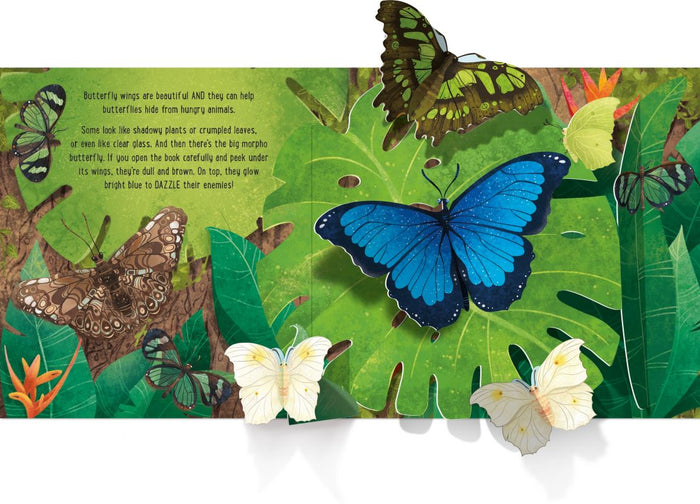 Pop-up book page with a 3D blue butterfly and other colorful butterflies among lush green tropical leaves.