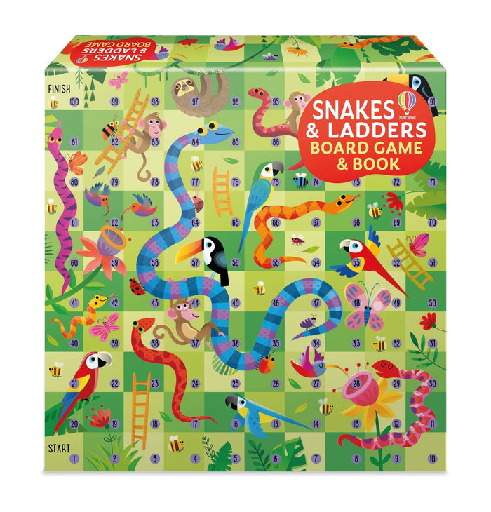 Jungle-themed Snakes and Ladders board game box with colorful animals and ladders on a green checkered pattern.