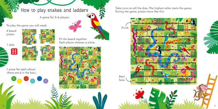 Jungle board game instructions with monkeys, parrots, snakes, ladders, tokens, and a numbered 100-square board.