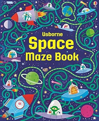 Vibrant book cover with green maze paths winding through space past cartoon rockets, planets, and aliens in UFOs.