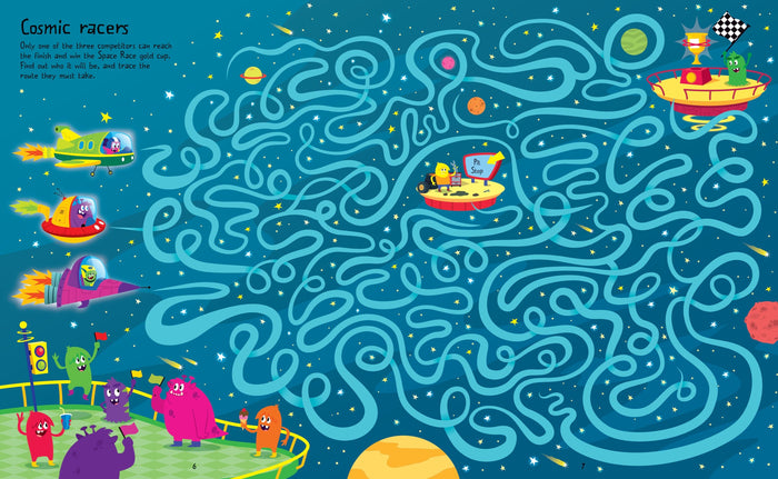 Colorful space-themed maze page with cartoon aliens in rockets and winding blue paths through a starry galaxy.