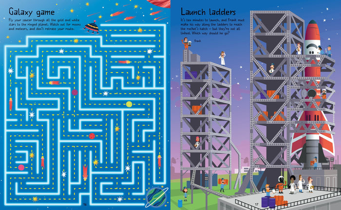 Two pages of a space activity book featuring a neon blue galaxy maze and a rocket launch ladder puzzle.