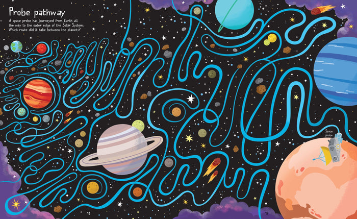 A colorful space-themed maze illustration with planets, celestial bodies, and winding blue pathways for a space probe.