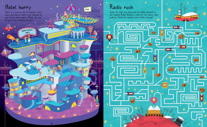 Colorful space-themed activity book pages featuring a multi-level hotel puzzle and a cosmic maze with alien ships.