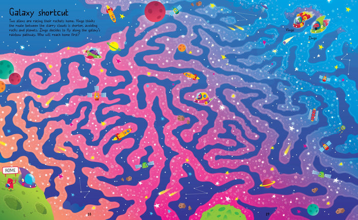 Colorful space maze puzzle with pink and blue starry paths, cartoon rockets, and planets.