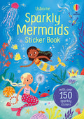 Blue book cover with two mermaids swimming among sea creatures and a purple badge for 150 sparkly stickers.