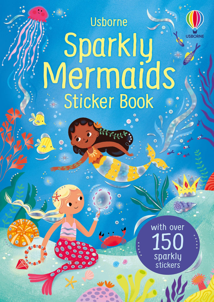 Blue book cover with two mermaids swimming among sea creatures and a purple badge for 150 sparkly stickers.