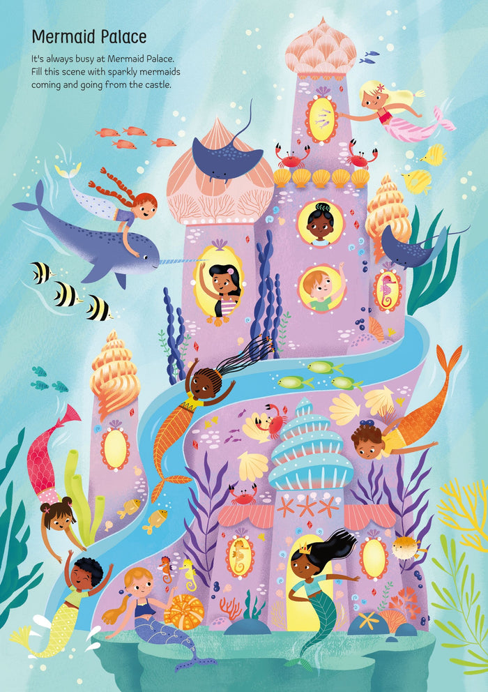 Colorful illustration of diverse mermaids, a narwhal, and sea creatures swimming around a purple underwater palace.